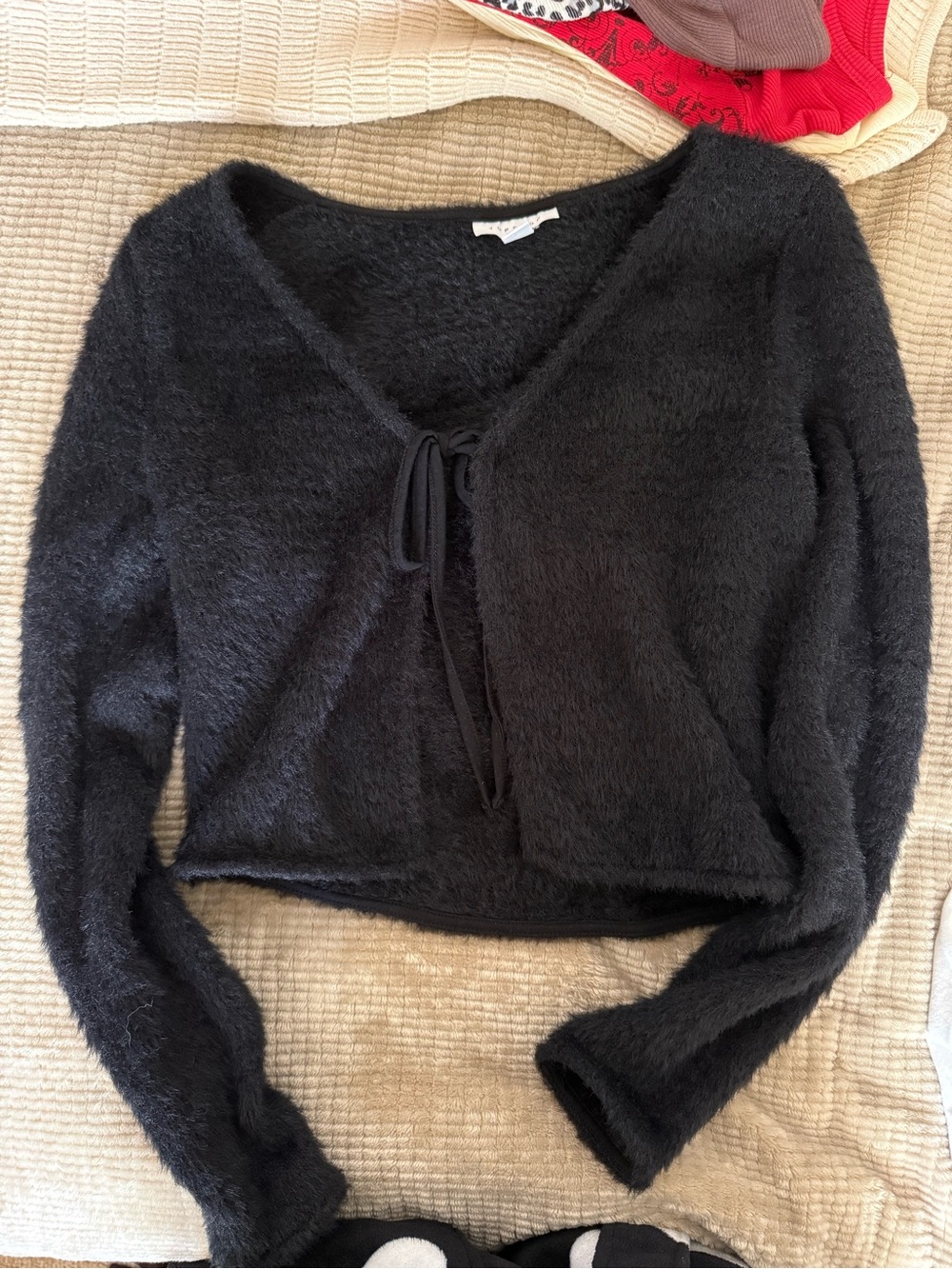 Topshop Black V-Neck Tie-Front Fuzzy Sweater